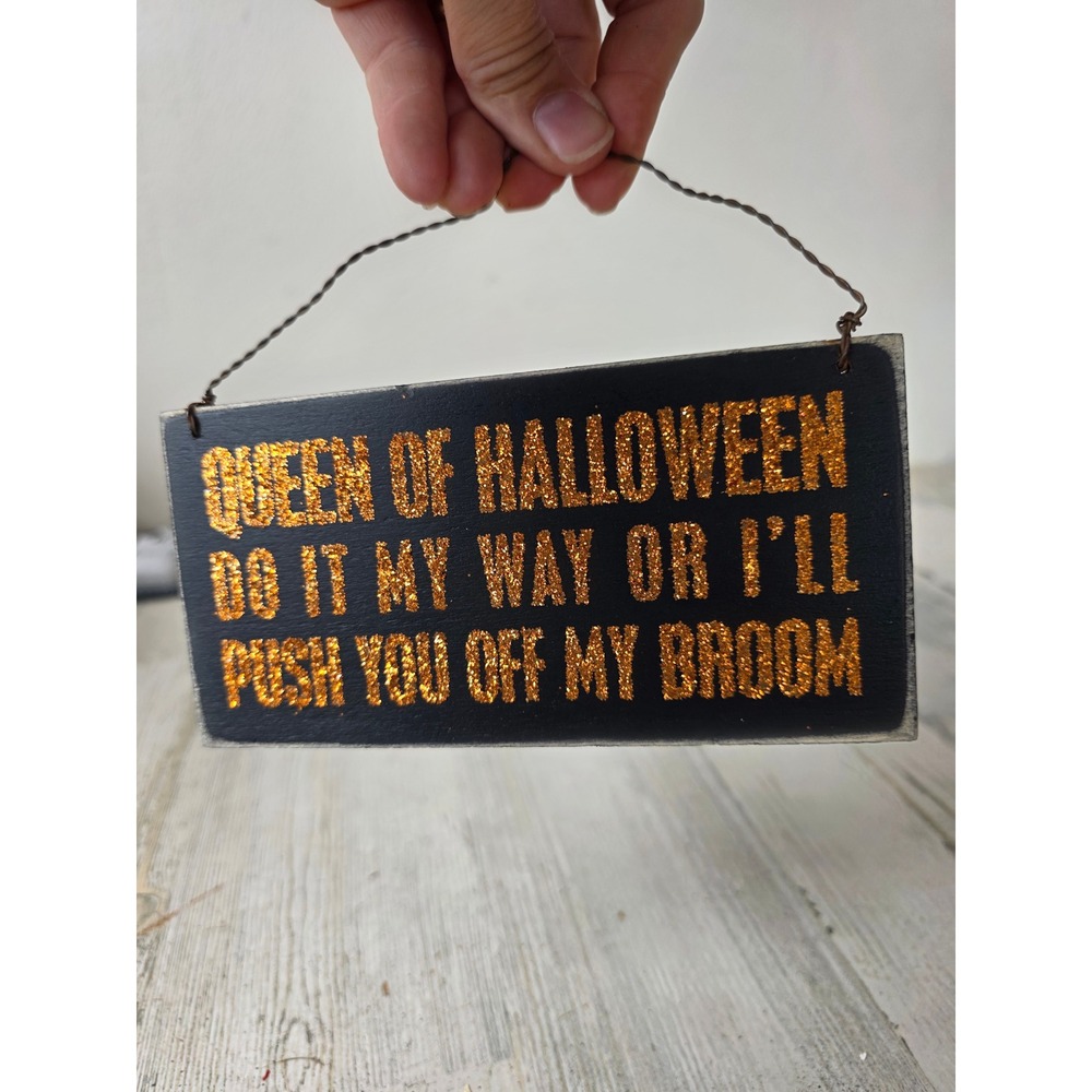 Primitives by Kathy Halloween Queen witch broom mini sign ornament hanging decor